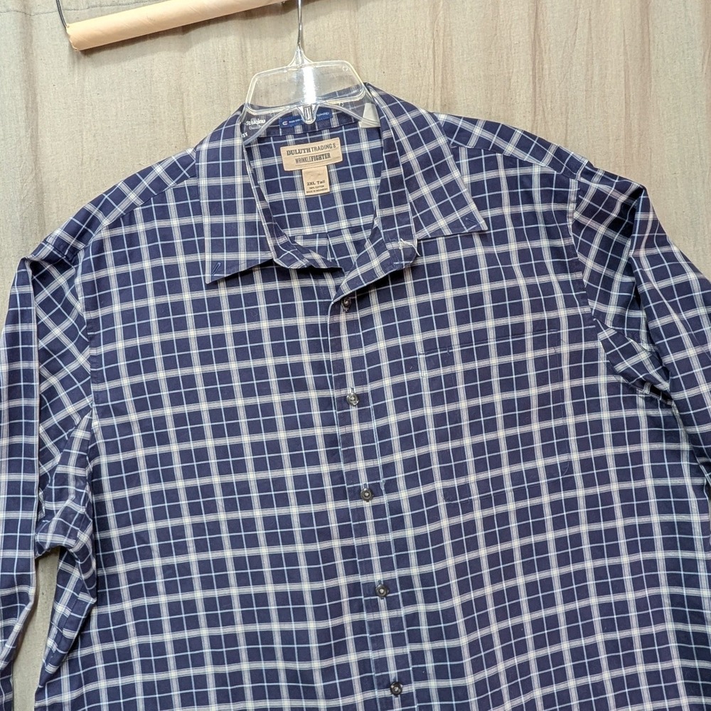Duluth Trading Co Wrinklefighter MagnaReady Plaid Shirt Mens 2XL Tall Blue